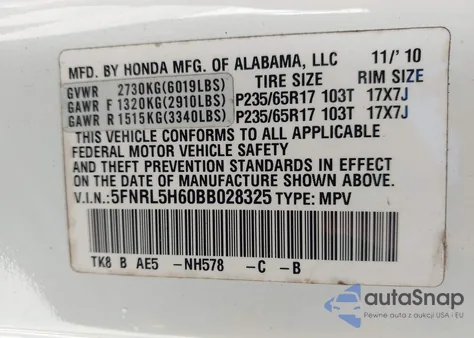 2011 Honda Odyssey Ex-L из США, поврежденный, VIN 5FNRL5H60BB028325